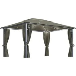 vidaXL pavillon med gardin + LED-lyskæde 400x300 cm aluminium gråbrun - Festtelte & havepavilloner