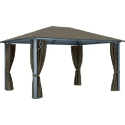vidaXL pavillon med gardin + LED-lyskæde 400x300 cm aluminium gråbrun - Festtelte & havepavilloner
