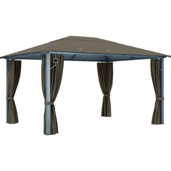 vidaXL pavillon med gardin + LED-lyskæde 400x300 cm aluminium gråbrun - Festtelte & havepavilloner