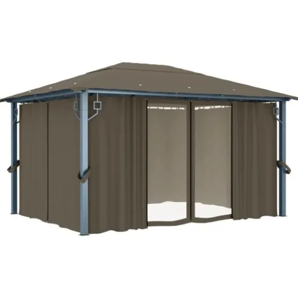 vidaXL pavillon med gardin + LED-lyskæde 400x300 cm aluminium gråbrun - Festtelte & havepavilloner