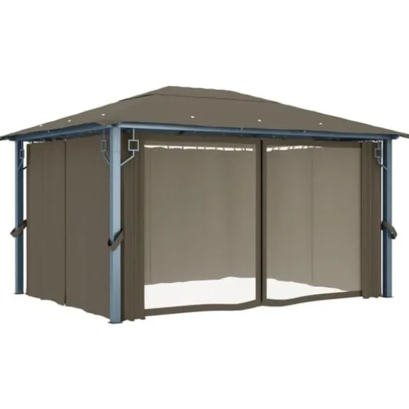 vidaXL pavillon med gardin + LED-lyskæde 400x300 cm aluminium gråbrun - Festtelte & havepavilloner