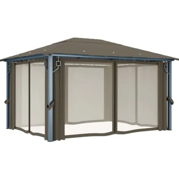 vidaXL pavillon med gardin + LED-lyskæde 400x300 cm aluminium gråbrun - Festtelte & havepavilloner