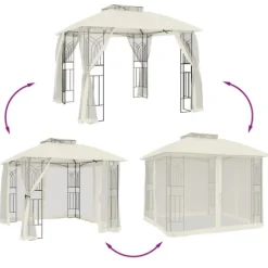 vidaXL pavillon 2,94x2,94 m dobbelt tag + meshvægge stål cremefarvet