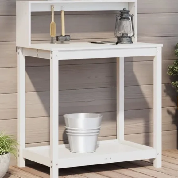 vidaXL plantebord med hylder 82,5x50x109,5 cm massivt fyrretræ hvid - Planteborde