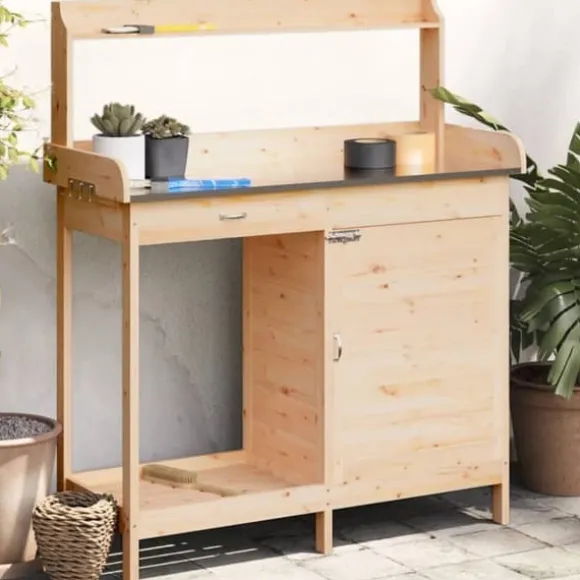 vidaXL pottebænk med skab 110,5x45x124,5 cm massivt grantræ - Planteborde