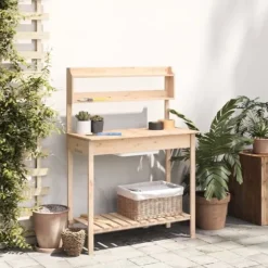 vidaXL pottebænk med vask 147,5x44x139,5 cm massivt grantræ - Planteborde