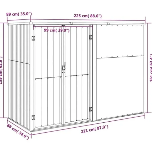 vidaXL redskabsskur til haven 225x89x161 cm galvaniseret stål brun - Skure & Redskabsskure