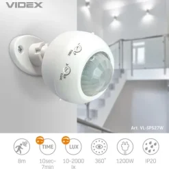 Videx infrarød bevægelses- og lyssensor IP20 effekt 1200W rækkevidde 8m vinkel 360°