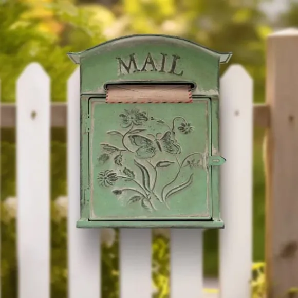 Vintage udendørs postkasse - Vægmonteret - Metal - Sommerfugl- og blomstermønster - Rustik - Brevindkast 19,5×1,5 cm - 27×10,5×31,2 cm - Armygrøn