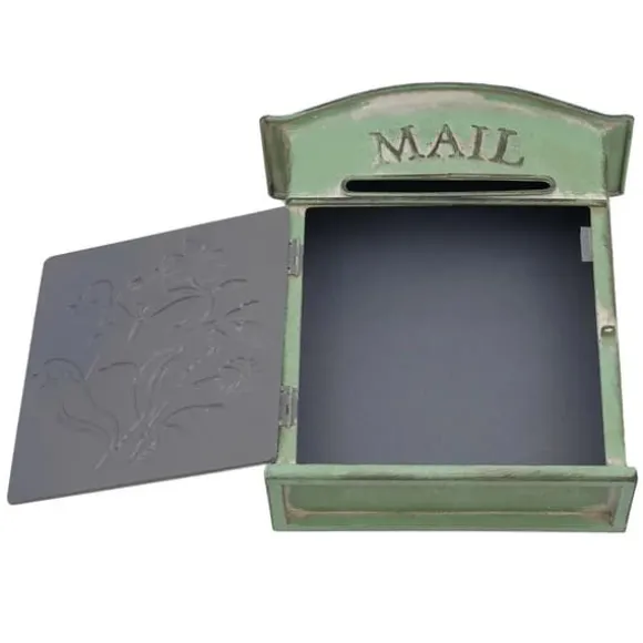 Vintage udendørs postkasse - Vægmonteret - Metal - Sommerfugl- og blomstermønster - Rustik - Brevindkast 19,5×1,5 cm - 27×10,5×31,2 cm - Armygrøn