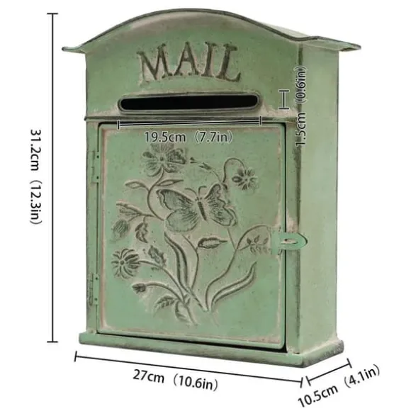 Vintage udendørs postkasse - Vægmonteret - Metal - Sommerfugl- og blomstermønster - Rustik - Brevindkast 19,5×1,5 cm - 27×10,5×31,2 cm - Armygrøn