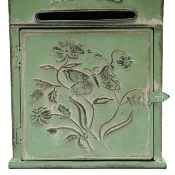 Vintage udendørs postkasse - Vægmonteret - Metal - Sommerfugl- og blomstermønster - Rustik - Brevindkast 19,5×1,5 cm - 27×10,5×31,2 cm - Armygrøn