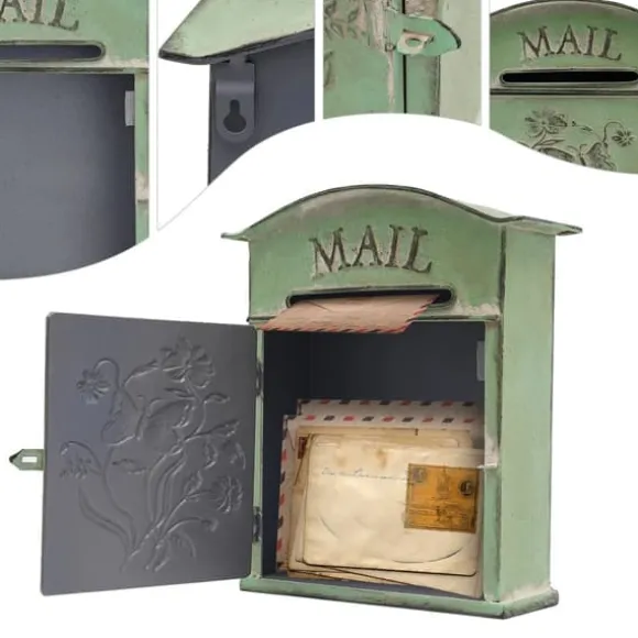 Vintage udendørs postkasse - Vægmonteret - Metal - Sommerfugl- og blomstermønster - Rustik - Brevindkast 19,5×1,5 cm - 27×10,5×31,2 cm - Armygrøn