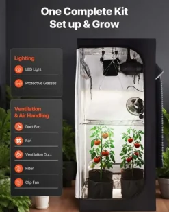 Væksttelt sæt - Indendørs plantetelt - Størrelse 80 x 80 x 180 cm - Fuldspektrum LED grolys - Ventilationssystem - Højreflekterende Mylar 600D