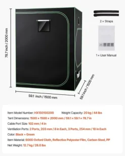 Væksttelt sæt - Indendørs plantetelt - 150 x 150 x 200 cm - Fuldspektrum LED vækstlys - Ventilationssystem - 600D højreflekterende Mylar