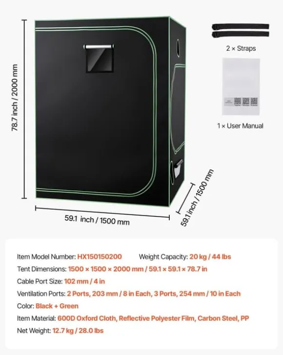 Væksttelt sæt - Indendørs plantetelt - 150 x 150 x 200 cm - Fuldspektrum LED vækstlys - Ventilationssystem - 600D højreflekterende Mylar