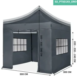 VONROC Easy-Up Party Telt - 3x3 m | Sæt inkl. sidevægge - Grå