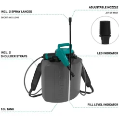 VONROC Elektrisk Tryksprøjte 10L – 4V | Sprøjt uden at pumpe | Genopladelig 4V batteri | Inkl. kort & lang sprøjtelanse + USB-C kabel