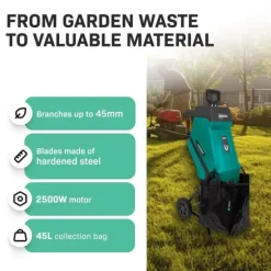 VONROC Kompostkværn 2500W - Til grene op til Ø45mm | Inkl. 45L opsamlingspose