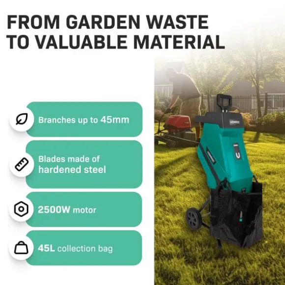 VONROC Kompostkværn 2500W - Til grene op til Ø45mm | Inkl. 45L opsamlingspose