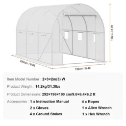 Walk-in Tunnel Drivhus 9,58x6,43x6,23ft, Galvaniseret Ramme, PE Dække, Hvid, Holdbarhed, Effektiv Luftcirkulation