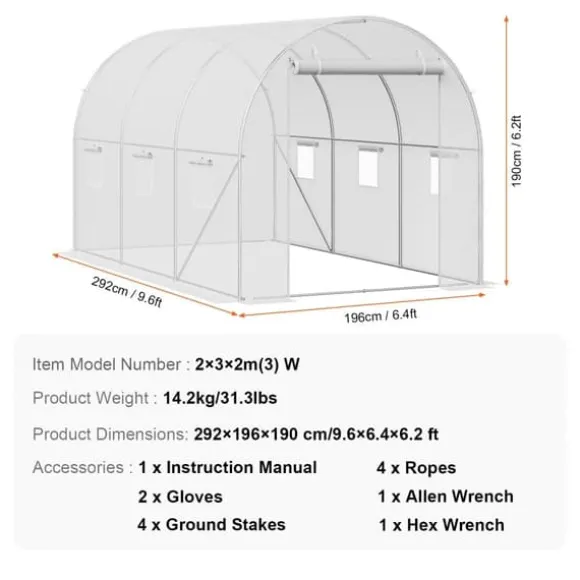 Walk-in Tunnel Drivhus 9,58x6,43x6,23ft, Galvaniseret Ramme, PE Dække, Hvid, Holdbarhed, Effektiv Luftcirkulation