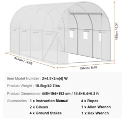 Walk-in Tunnel Drivhus 14,6x6,36x6,3ft, Galvaniseret ramme, PE Cover, Hvid, holdbarhed, vejrbestandig