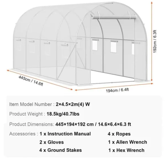 Walk-in Tunnel Drivhus 14,6x6,36x6,3ft, Galvaniseret ramme, PE Cover, Hvid, holdbarhed, vejrbestandig