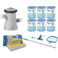 WAYS - Poolvedligeholdelse - Vedligeholdelsessæt & filterpumpe 1250 L/h & 6 filtre Type H &WAYS skrubbebørste
