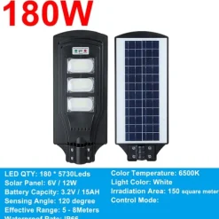 60W/120W/180W (60/120/180LED) 6500K Solpanel Gadelys IP66 Vandtæt +4 tilstande + Fjernbetjening,Udendørs Havegadevæglampe Sikkerhedsbelysning