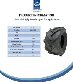 18x9.50-8 Dæk til industrianlæg med åben midte, spalte, rotovator og fælg - sæt med 2 stk.