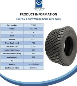 16x7.50-8 Græsdæk 4-lags Wanda P332 Turf Ride On Plæneklipperdæk (sæt med 4)