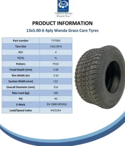 13x5.00-6 Græsplæneklipperdæk og stålfælg Wanda P332, 20 mm 6304 lejer
