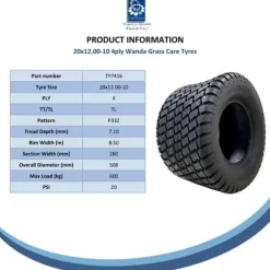 20x12.00-10 Plæneklipperdæk 4ply Multi Turf Grass Wanda P332 600kgs Off Road-brug