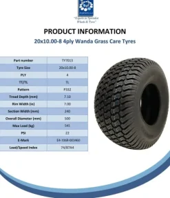 20x10.00-8 plæneklipperdæk 4ply Multi turf græs - plæneklipperdæk Wanda P332 sæt af 2