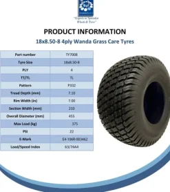 18x8.50-8 Plæneklipperdæk 4ply Multi Turf Grass Wanda P332 Road Legal (sæt med 2)