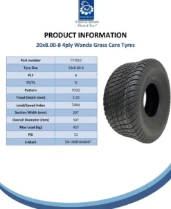 20x8.00-8 4ply Multi turf grass - Wanda P332 plæneklipperdæk på fælg med 4 knopper 4 inc