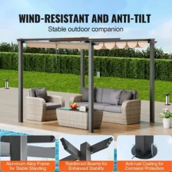 10'x10' Udendørs Udtrækkelig Pergola med Solskærm, Aluminium, Beige, Vandafvisende, Holdbar, Ideel til Have eller Terrasse.