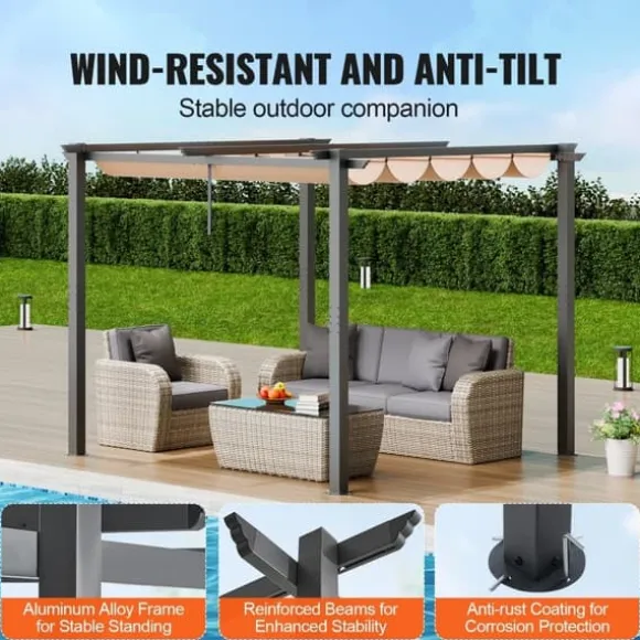 10'x10' Udendørs Udtrækkelig Pergola med Solskærm, Aluminium, Beige, Vandafvisende, Holdbar, Ideel til Have eller Terrasse.