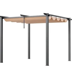 10'x10' Udendørs Udtrækkelig Pergola med Solskærm, Aluminium, Beige, Vandafvisende, Holdbar, Ideel til Have eller Terrasse.