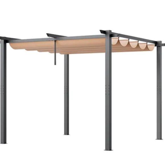 10'x10' Udendørs Udtrækkelig Pergola med Solskærm, Aluminium, Beige, Vandafvisende, Holdbar, Ideel til Have eller Terrasse.