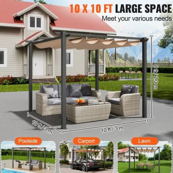 10'x10' Udendørs Udtrækkelig Pergola med Solskærm, Aluminium, Beige, Vandafvisende, Holdbar, Ideel til Have eller Terrasse.