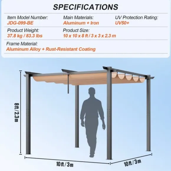 10'x10' Udendørs Udtrækkelig Pergola med Solskærm, Aluminium, Beige, Vandafvisende, Holdbar, Ideel til Have eller Terrasse.