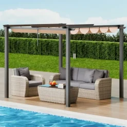 10'x10' Udendørs Udtrækkelig Pergola med Solskærm, Aluminium, Beige, Vandafvisende, Holdbar, Ideel til Have eller Terrasse.
