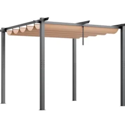 10'x10' Udendørs Udtrækkelig Pergola med Solskærm, Aluminium, Beige, Vandafvisende, Holdbar, Ideel til Have eller Terrasse.