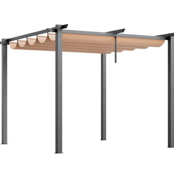 10'x10' Udendørs Udtrækkelig Pergola med Solskærm, Aluminium, Beige, Vandafvisende, Holdbar, Ideel til Have eller Terrasse.