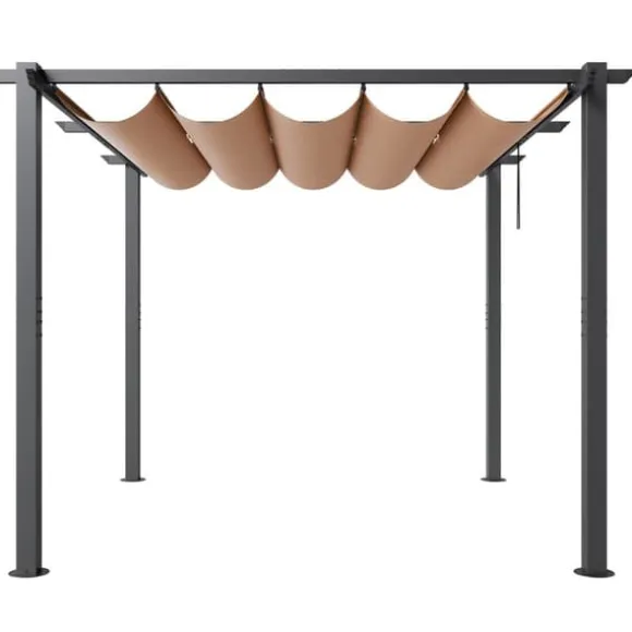 10'x10' Udendørs Udtrækkelig Pergola med Solskærm, Aluminium, Beige, Vandafvisende, Holdbar, Ideel til Have eller Terrasse.